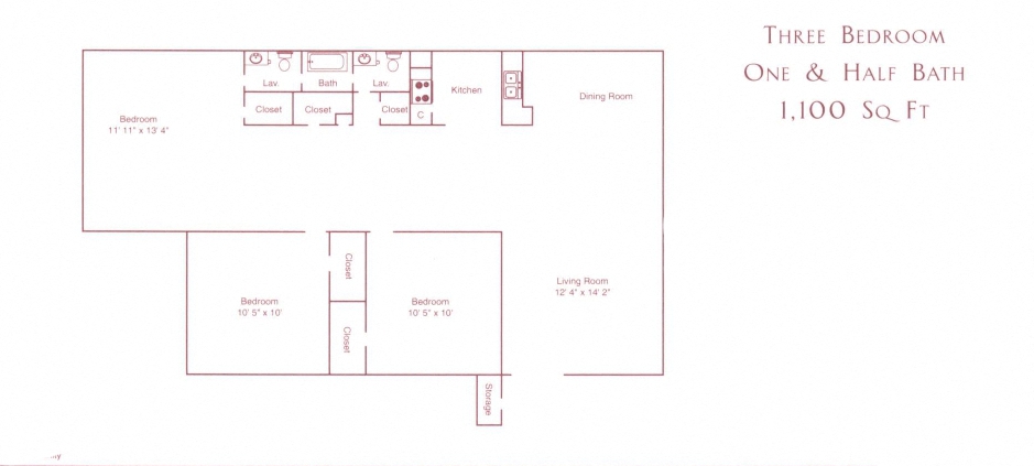 Floor plan for 3 beds, 1.5 baths, 1100 sqft